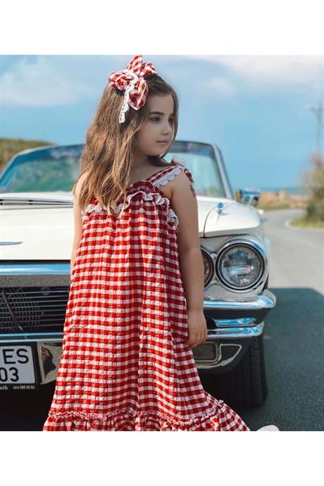 Kız Çocuk Pötikare Dokuma Uzun Elbise KIRMIZI 6 Yaş