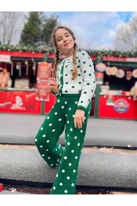 Kız Çocuk Puantiye Desen Triko Hırka Pantolon Bere 3'lü Takım Yeşil 10 Yaş