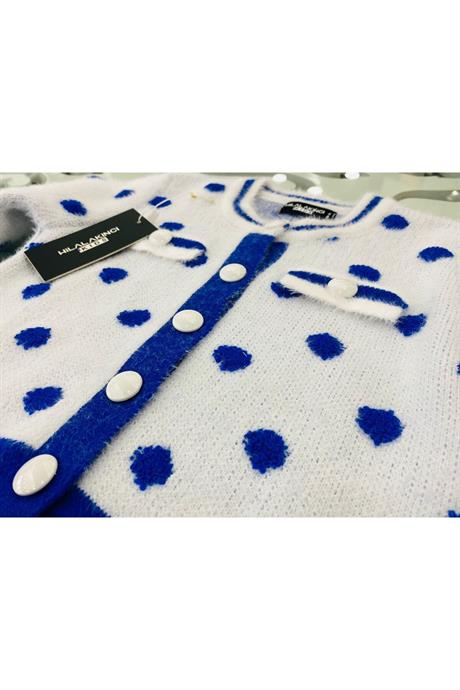 Kız Çocuk Puantiye Desen Triko Hırka Pantolon Bere 3'lü Takım Saks 12 Yaş