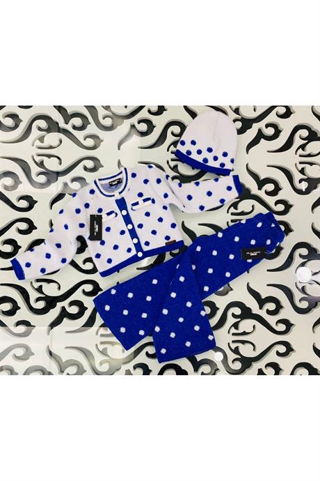 Kız Çocuk Puantiye Desen Triko Hırka Pantolon Bere 3'lü Takım Saks 4 Yaş