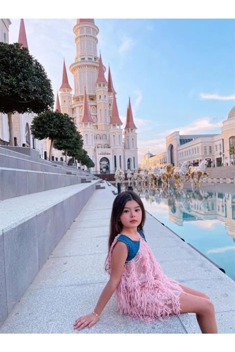 KIZ ÇOCUK PUL PAYET PÜSKÜLLÜ GÜNLÜK ABİYE ELBİSE Pembe 4 Yaş