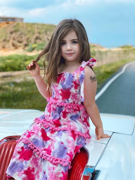 Kız Çocuk Püsküllü Gipeli Pamuk Viskon Uzun Elbise PEMBE 12 Yaş