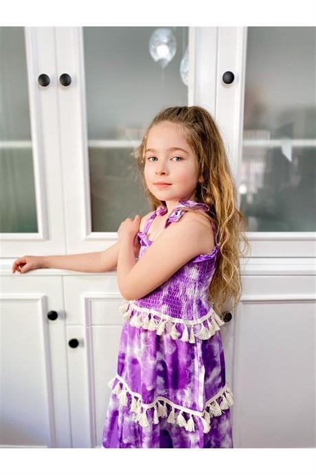 Kız Çocuk Püsküllü Gipeli Pamuk Viskon Uzun Elbise MOR 6 Yaş