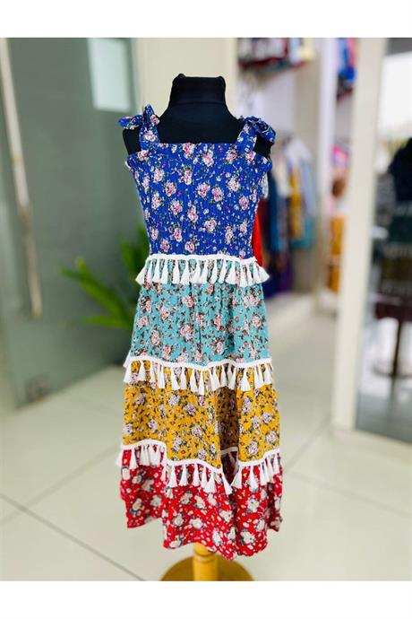 Kız Çocuk Püsküllü Renkli Parçalı Ispanyol Model Elbise Mavi 10 Yaş