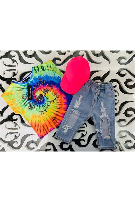 Kız Çocuk Rengarenk Bluz Yırtık Kot Kapri Neon Şapka Üçlü Takım NEON PEMBE 4 Yaş