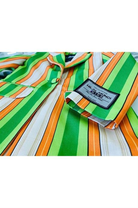 Kız Çocuk Renkli Çizgili Logo Detaylı Blazer Ceket Düğmeli İspanyol Paça Pantolon 2'li Takım Yeşil 10 Yaş