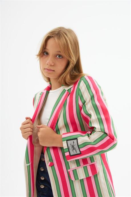 Kız Çocuk Renkli Çizgili Logo Detaylı Blazer Ceket Düğmeli İspanyol Paça Pantolon 2'li Takım Pembe 8 Yaş