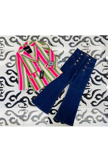 Kız Çocuk Renkli Çizgili Logo Detaylı Blazer Ceket Düğmeli İspanyol Paça Pantolon 2'li Takım Pembe 4 Yaş