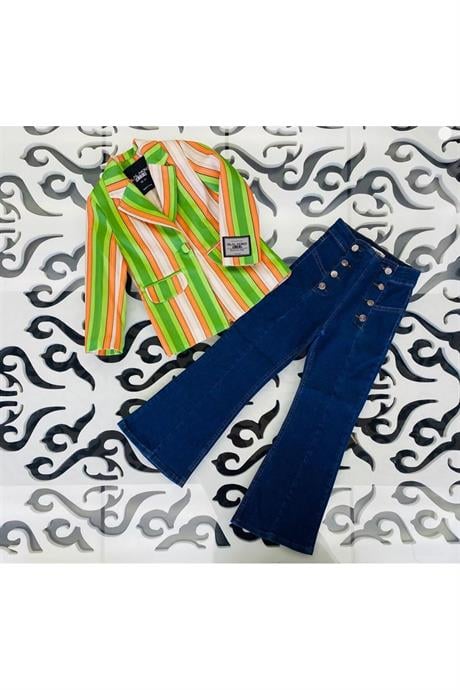 Kız Çocuk Renkli Çizgili Logo Detaylı Blazer Ceket Düğmeli İspanyol Paça Pantolon 2'li Takım Yeşil 10 Yaş