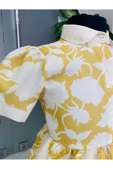 Kız Çocuk Renkli Kat Kat Pamuk Keten Elbise Sarı 8 Yaş