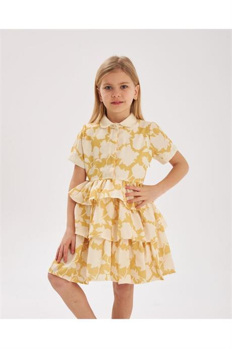 Kız Çocuk Renkli Kat Kat Pamuk Keten Elbise Sarı 12 Yaş