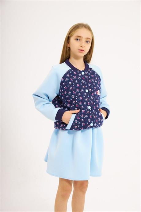 Kız Çocuk Scuba Kumaş Astarlı Kolej Ceket Etek 2'li Takım Mavi 10 Yaş