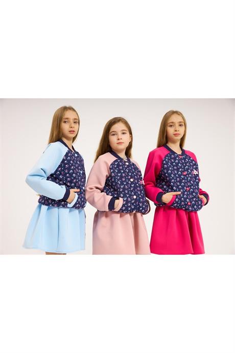 Kız Çocuk Scuba Kumaş Astarlı Kolej Ceket Etek 2'li Takım Mavi 10 Yaş