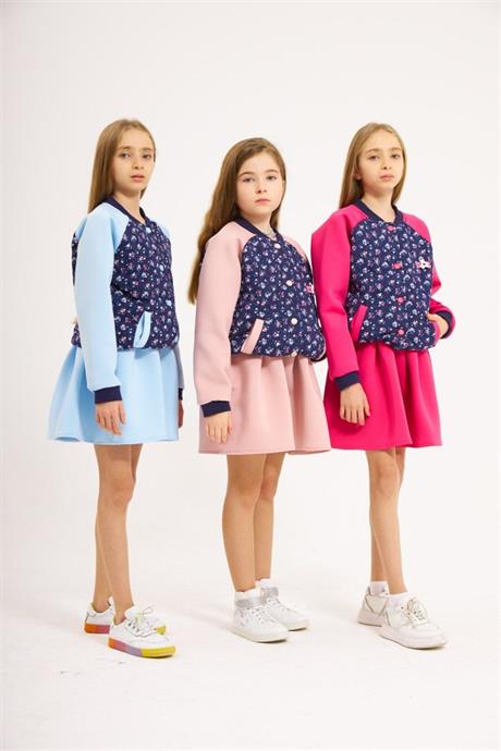 Kız Çocuk Scuba Kumaş Astarlı Kolej Ceket Etek 2'li Takım Mavi 2-4 Yaş