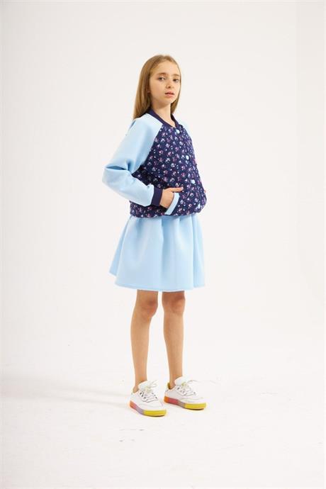 Kız Çocuk Scuba Kumaş Astarlı Kolej Ceket Etek 2'li Takım Mavi 8 Yaş