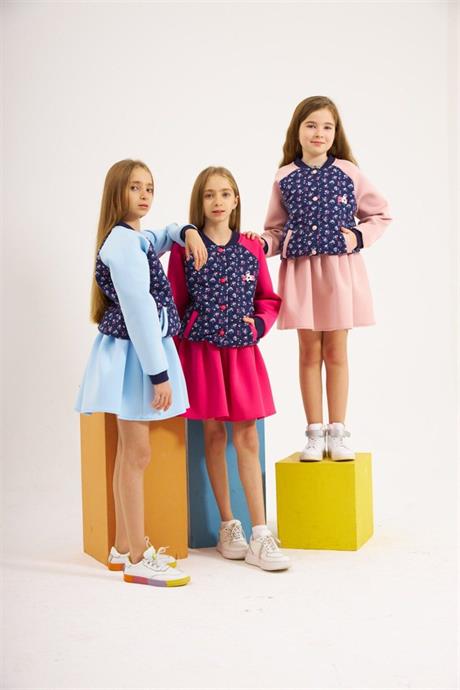 Kız Çocuk Scuba Kumaş Astarlı Kolej Ceket Etek 2'li Takım Mavi 10 Yaş