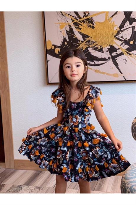 Kız Çocuk Siyah Püsküllü Pamuk Viskon Elbise SİYAH 12 Yaş