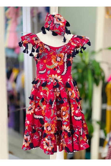 Kız Çocuk Siyah Püsküllü Pamuk Viskon Elbise KIRMIZI 6 Yaş