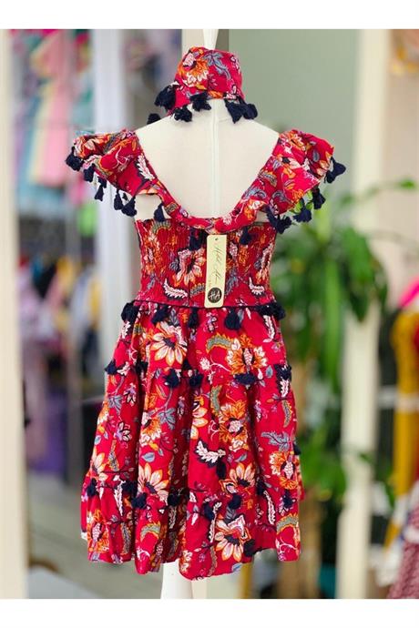 Kız Çocuk Siyah Püsküllü Pamuk Viskon Elbise KIRMIZI 12 Yaş