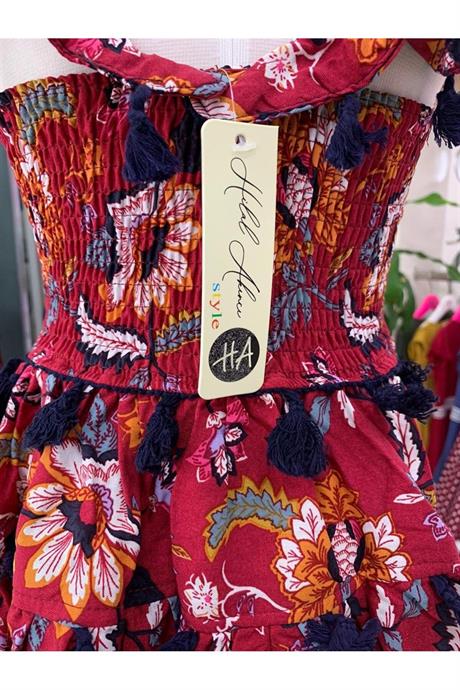 Kız Çocuk Siyah Püsküllü Pamuk Viskon Elbise KIRMIZI 4 Yaş