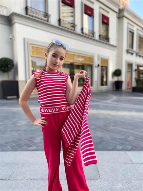 Kız Çocuk Slogan Baskılı Triko Bluz Hırka Pantolon 3'lü Takım Pembe 8 Yaş