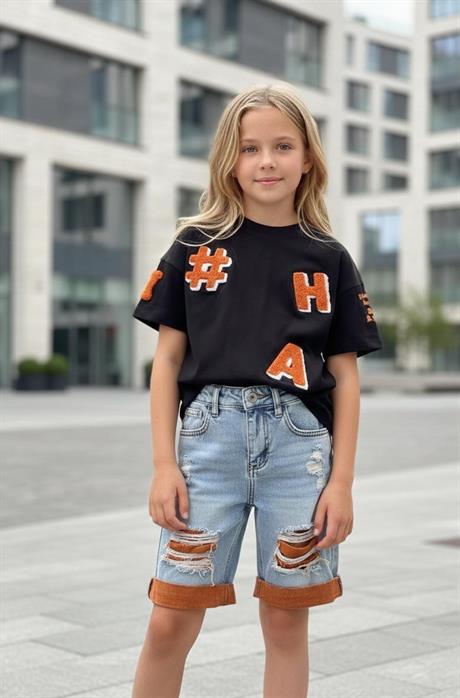 Kız Çocuk Süzene Nakışlı Tişört Yırtık Detaylı Şort Turuncu 12 Yaş