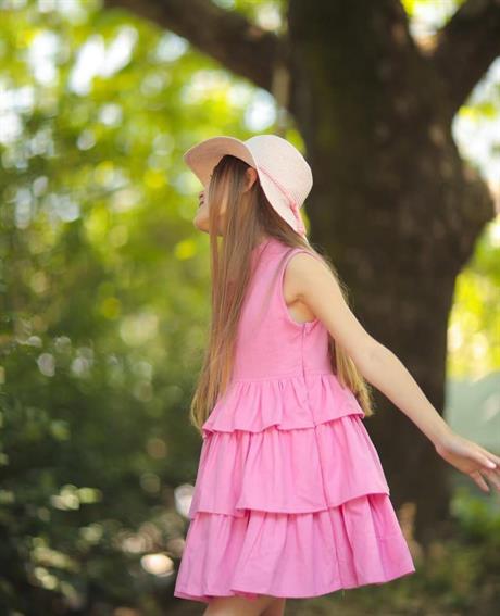 Kız Çocuk Turuncu Kat Kat Pamuk Keten Elbise PEMBE 6 Yaş