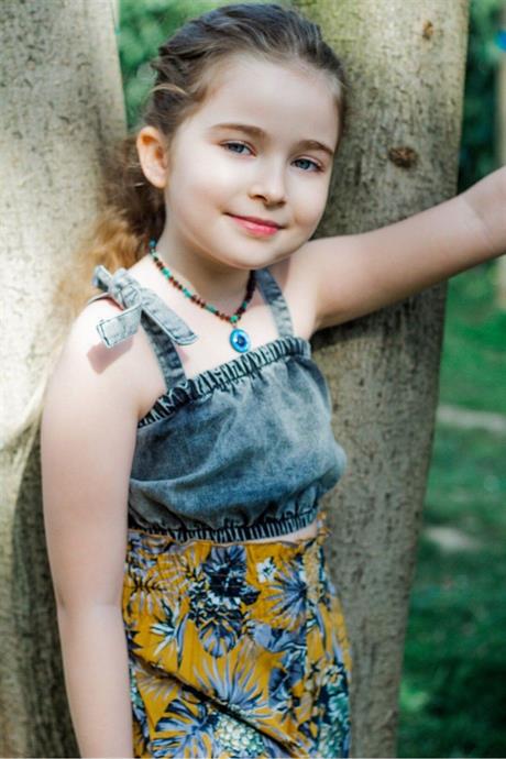 Kız Çocuk Yaprak Desenli Salaş Pantolon Kot Büstiyer Ikili Takım HARDAL 6 Yaş