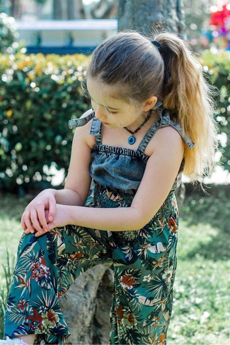 Kız Çocuk Yaprak Desenli Salaş Pantolon Kot Büstiyer Ikili Takım YEŞİL 6 Yaş