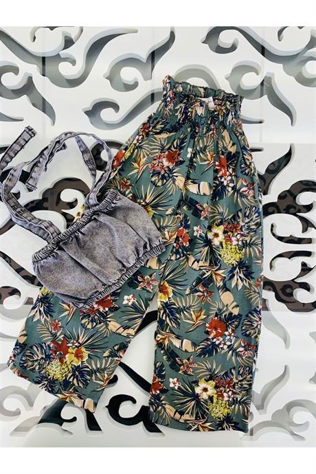 Kız Çocuk Yaprak Desenli Salaş Pantolon Kot Büstiyer Ikili Takım YEŞİL 14 Yaş