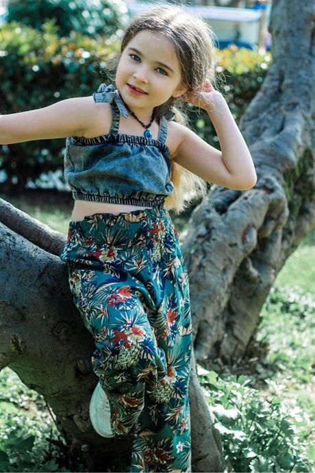 Kız Çocuk Yaprak Desenli Salaş Pantolon Kot Büstiyer Ikili Takım YEŞİL 12 Yaş