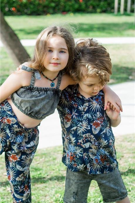 Kız Çocuk Yaprak Desenli Salaş Pantolon Kot Büstiyer Ikili Takım LACİVERT 6 Yaş