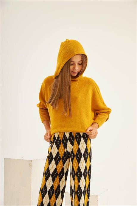 Kız Çocuk Yarasa Kol Triko Kazak Baklava Desenli Pantolon 2'li Takım Hardal 4 Yaş