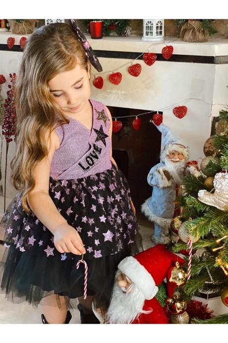 Kız Çocuk Yıldızlı Simli Love Model Abiye Elbise MOR 10 Yaş