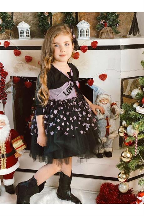 Kız Çocuk Yıldızlı Simli Love Model Abiye Elbise MOR 8 Yaş