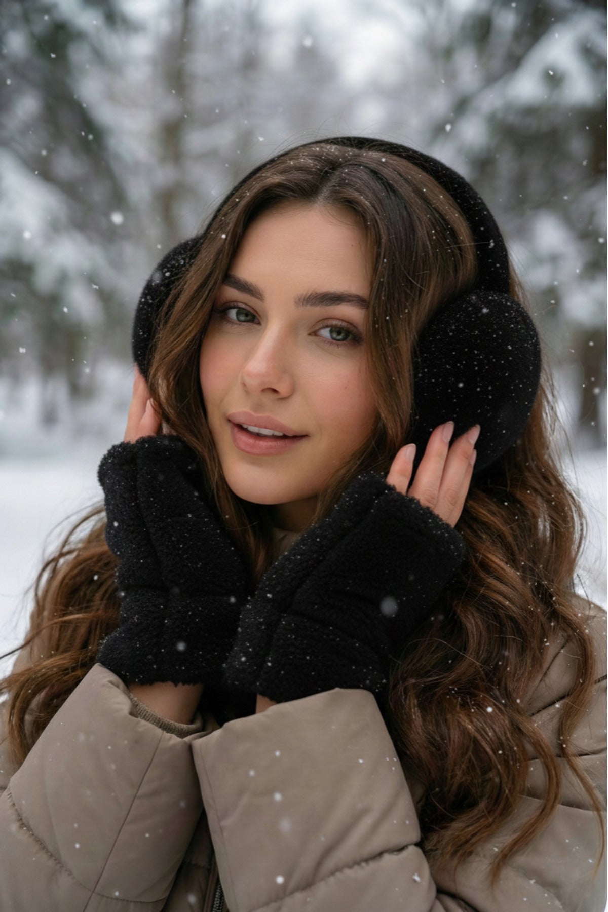 İthal Siyah Peluş Eldiven Kulaklık Set