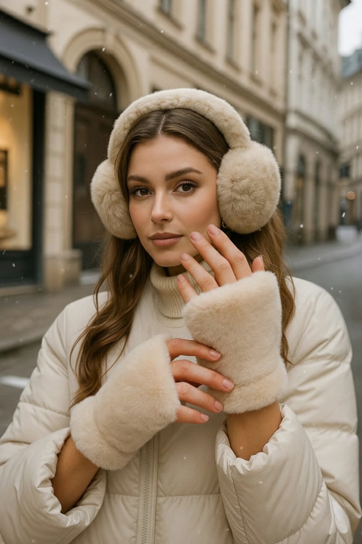 İthal Bej Peluş Eldiven Kulaklık Set