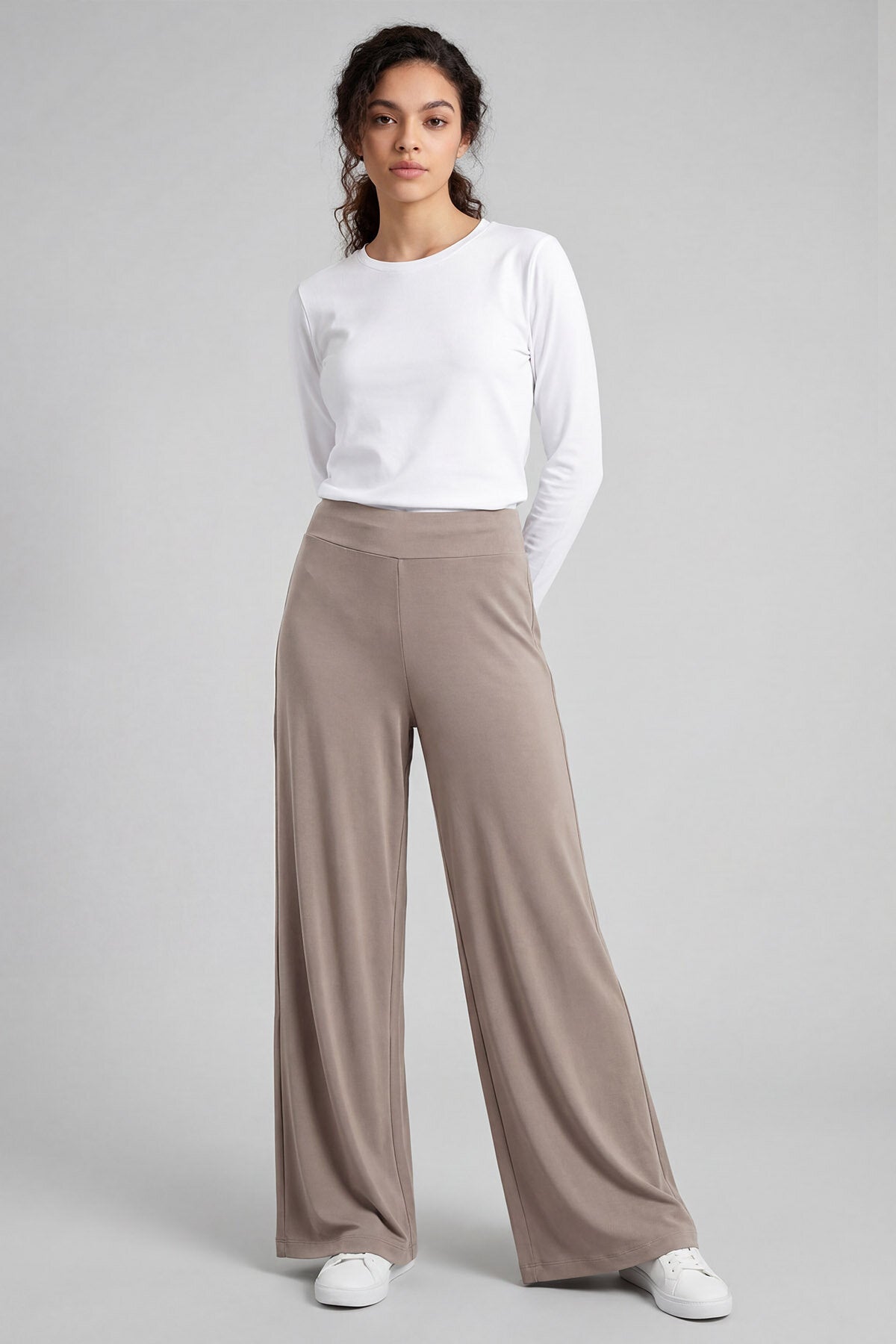 Koyu Bej Comfort Fit Geniş Paça Korsajlı Palazzo Kadın Pantolon - 94681