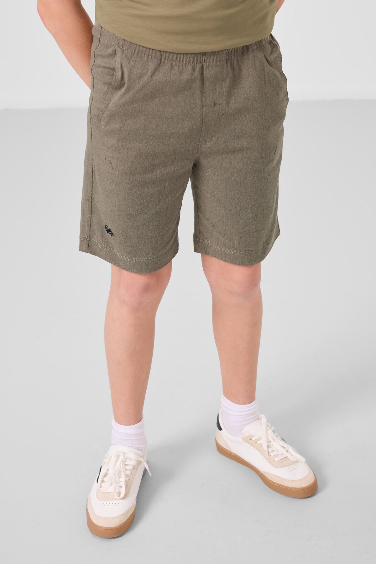 Koyu Bej-Camel Pamuklu Oversize Fit Dokuma Hafif Esnek Chino Erkek Çocuk Şort Takım - 11277