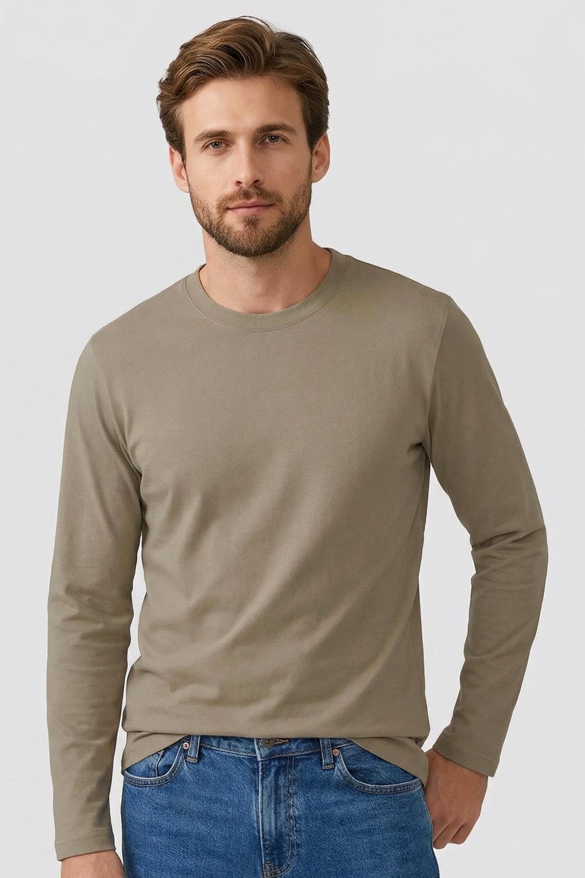 Koyu Bej Standart Fit Basic O Yaka Uzun Kollu İnce Erkek T-Shirt - 87997
