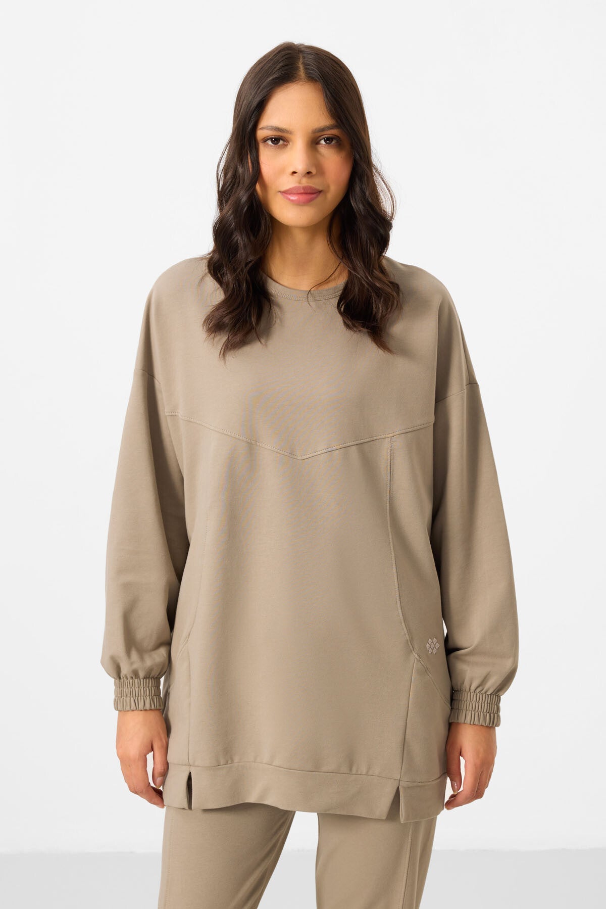 Koyu Bej O Yaka Basic Oversize Kadın Eşofman Tunik Takım - 95347