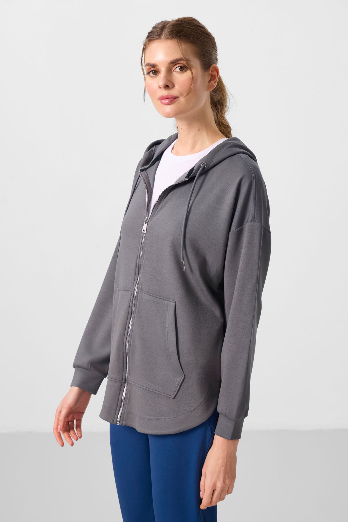 Koyu Gri Yumuşak Dokulu Kapüşonlu Oversize Kadın Tunik Sweatshirt - 97302