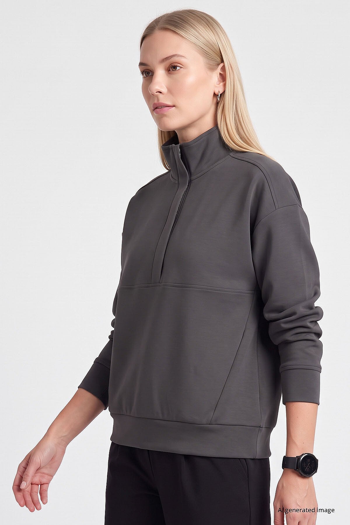 Koyu Gri Dik Yaka Fermuarlı Rahat Form Kadın Sweatshirt - 97314