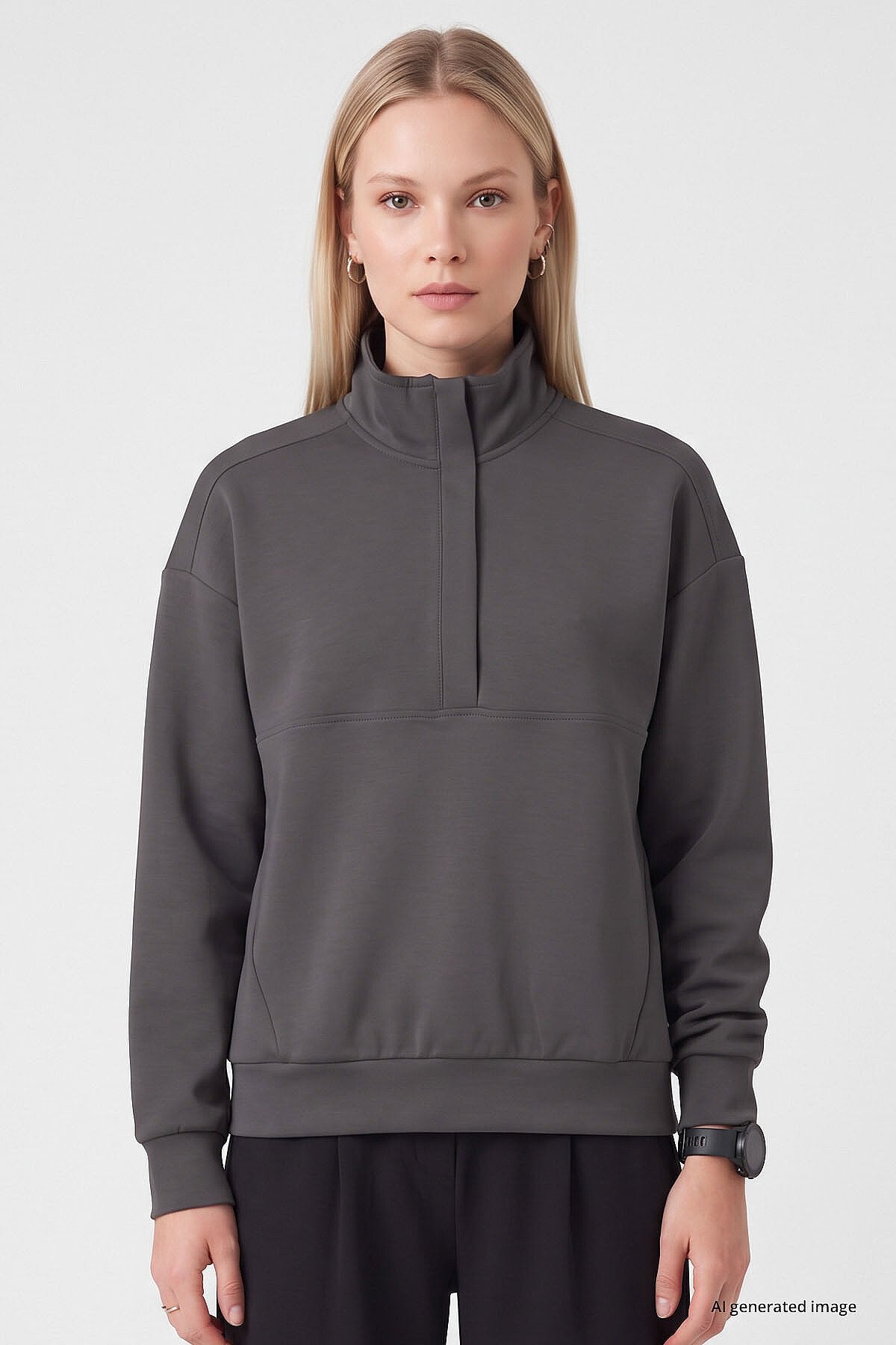 Koyu Gri Dik Yaka Fermuarlı Rahat Form Kadın Sweatshirt - 97314