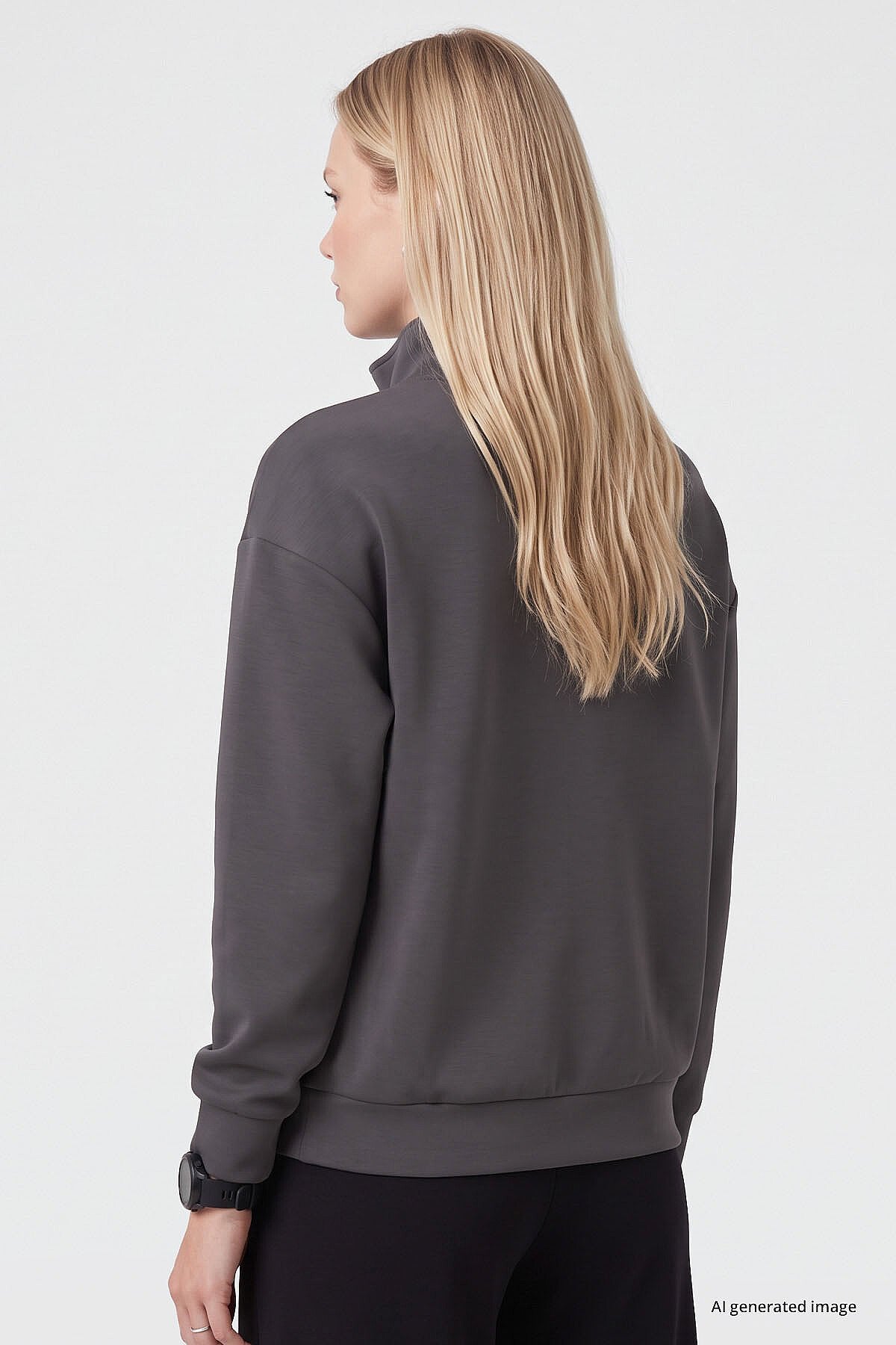 Koyu Gri Dik Yaka Fermuarlı Rahat Form Kadın Sweatshirt - 97314