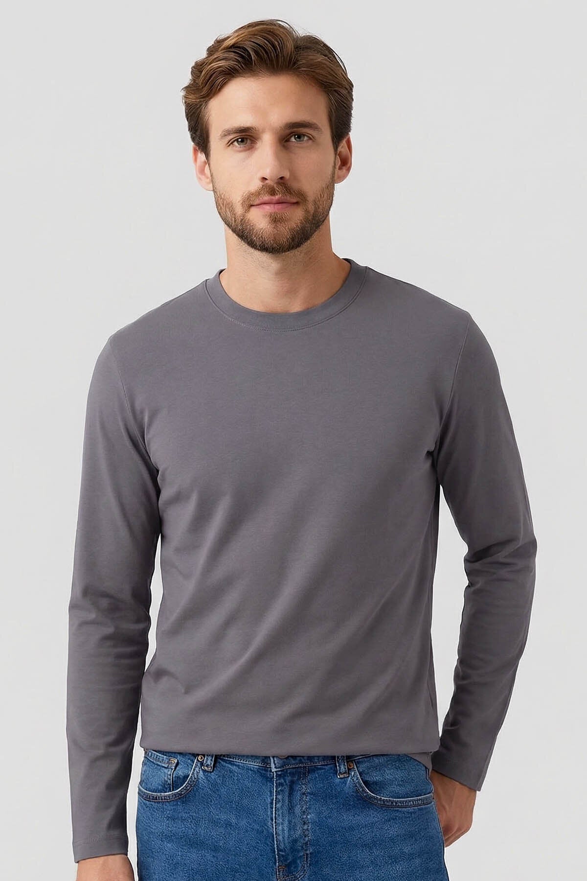 Koyu Gri Standart Fit Basic O Yaka Uzun Kollu İnce Erkek T-Shirt - 87997