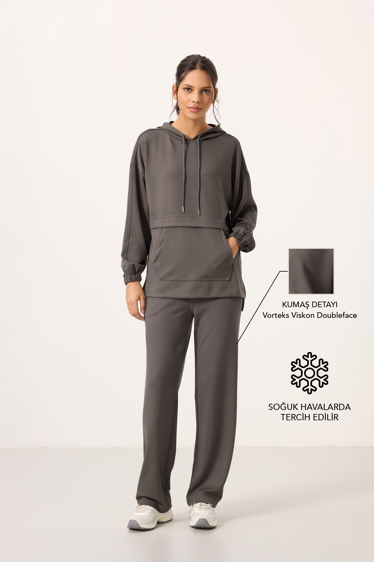 Koyu Gri Yumuşak Dokulu Kapüşonlu Oversize Kadın Eşofman Tunik Takım - 95348