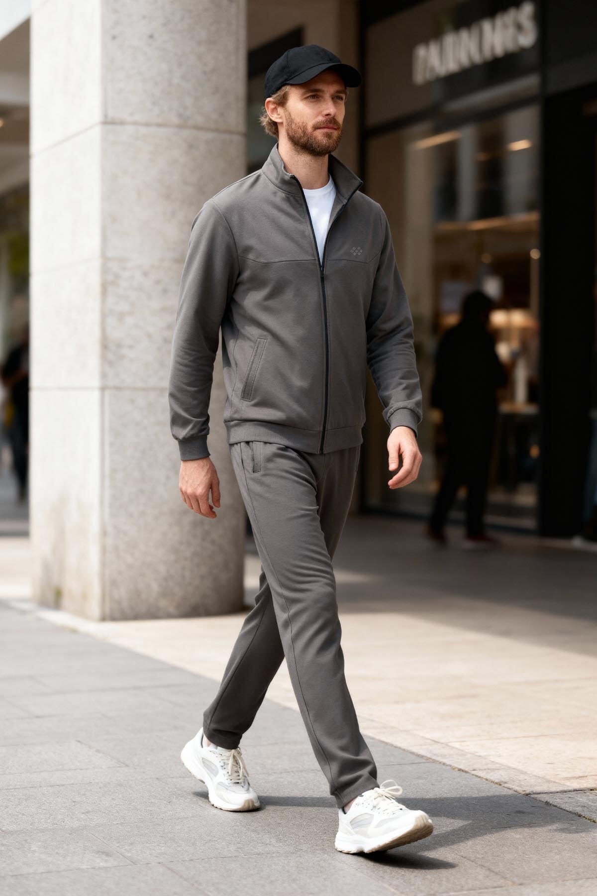 Koyu Gri Pamuklu Kalın Yumuşak Dokulu Comfort Fit Basic Erkek Eşofman Takım - 85260