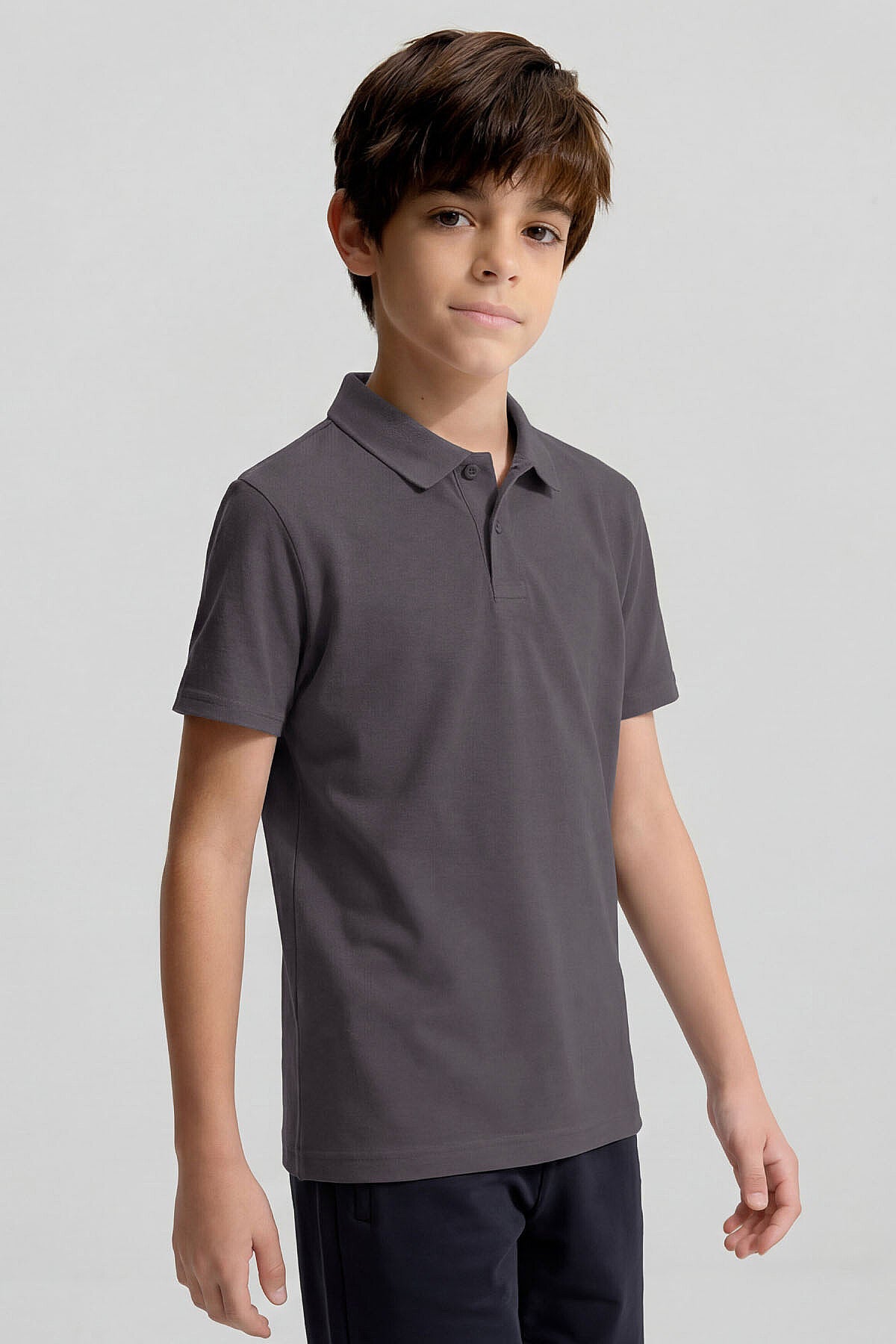 Koyu Gri Polo Yaka Standart Fit Basic Unisex Çocuk T-Shirt - 11330