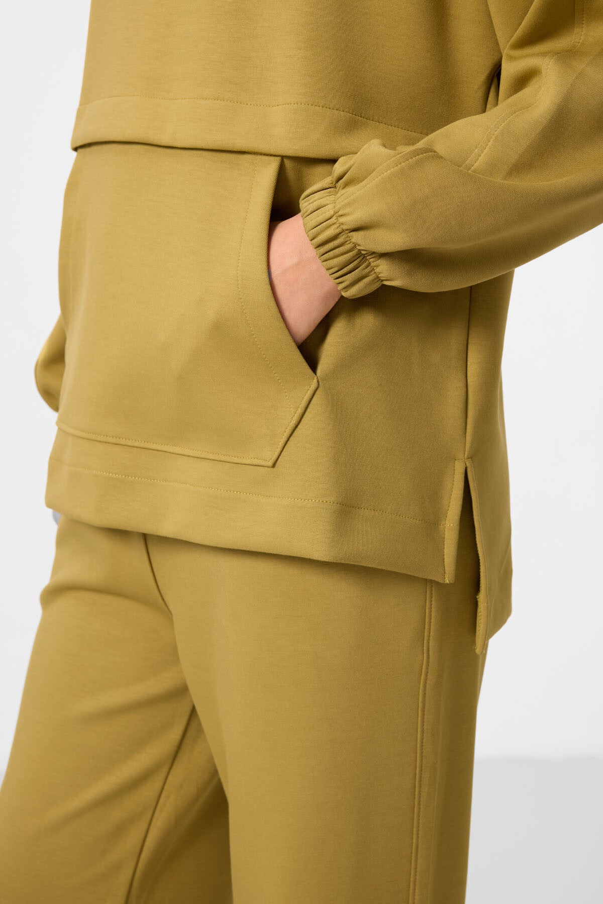 Koyu Hardal Yumuşak Dokulu Kapüşonlu Oversize Kadın Eşofman Tunik Takım - 95348